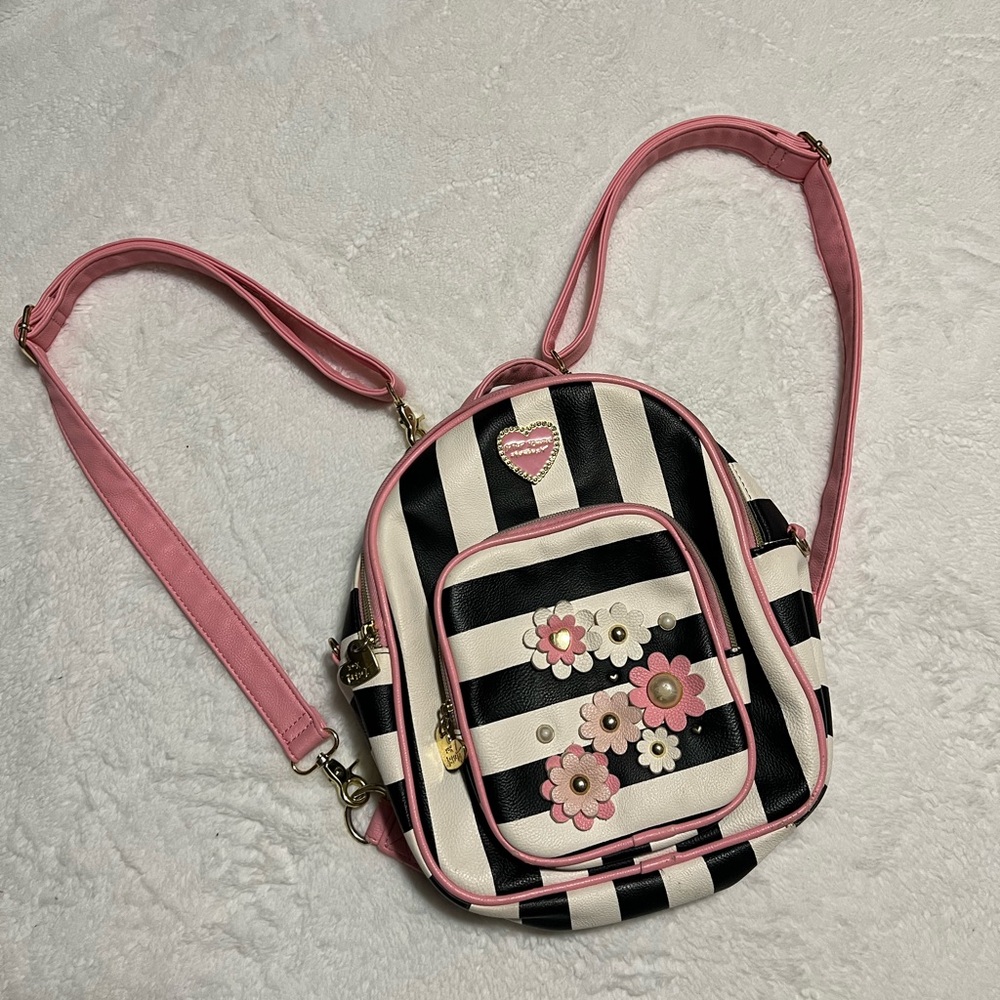 Betsey Johnson Striped Backpack with Pink Floral Accents